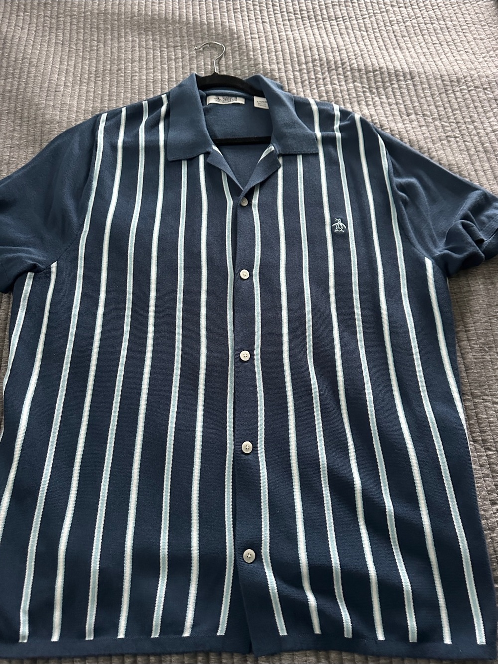 Original Penguin Navy and Light Blue Vertical Stripe Camp Shirt